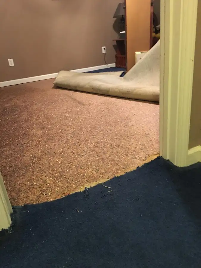 Carpet pad removal revealing water damage during Water Mitigation Services in South Amboy