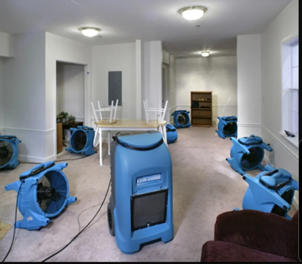 Air movers and dehumidifier setup for Water Damage Restoration in South Amboy